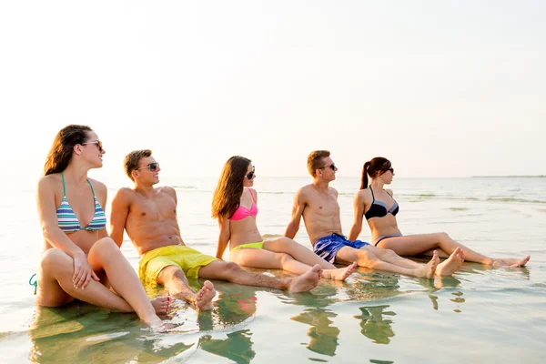 Smiling friends in sunglasses on summer beach — Stock Photo, Image