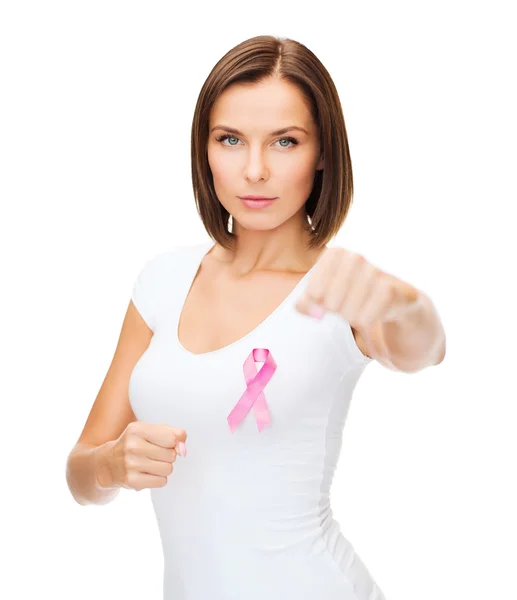 Woman with pink cancer ribbon — Stock Photo, Image