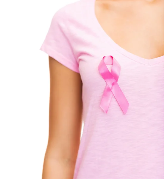 Nő, rózsaszín rák tudatosság szalag — Stock Fotó