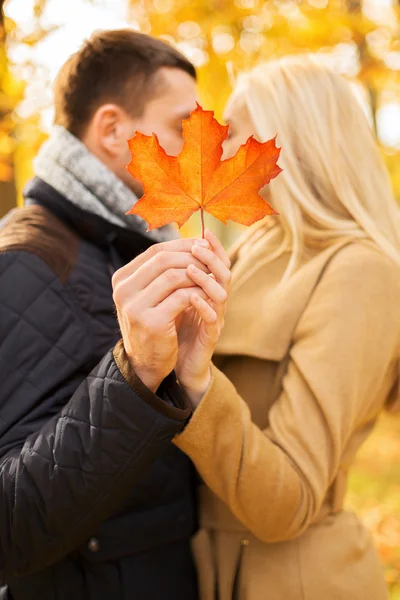 Primer plano de pareja besándose en otoño parque —  Fotos de Stock