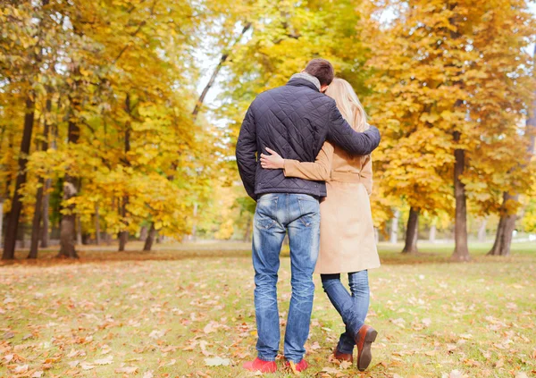 Пара обнимается в осеннем парке со спины — стоковое фото