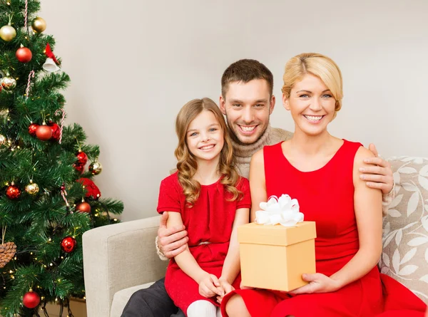 Famiglia sorridente tenendo la scatola regalo Obraz Stockowy