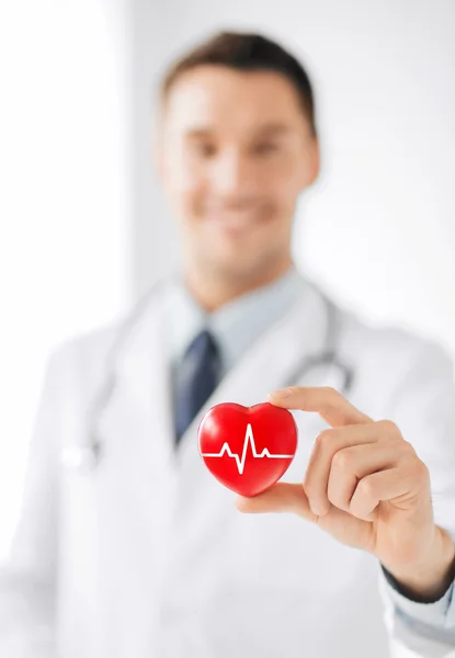 Médico masculino sosteniendo el corazón rojo con línea ecg — Foto de Stock