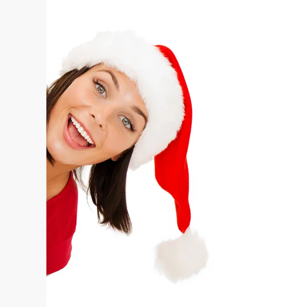 Woman in santa helper hat with blank white board — Stock Photo, Image