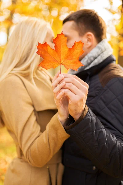 Nahaufnahme von Paar küsst sich im Herbstpark — Stockfoto