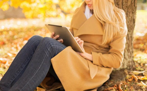 Jovem mulher com tablet pc no parque de outono — Fotografia de Stock