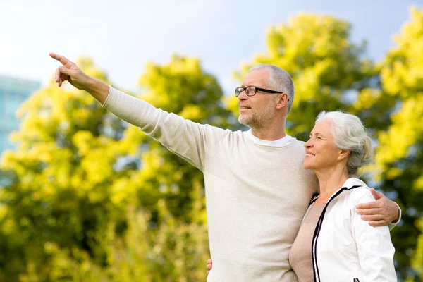 Senior koppel knuffelen in park — Stockfoto