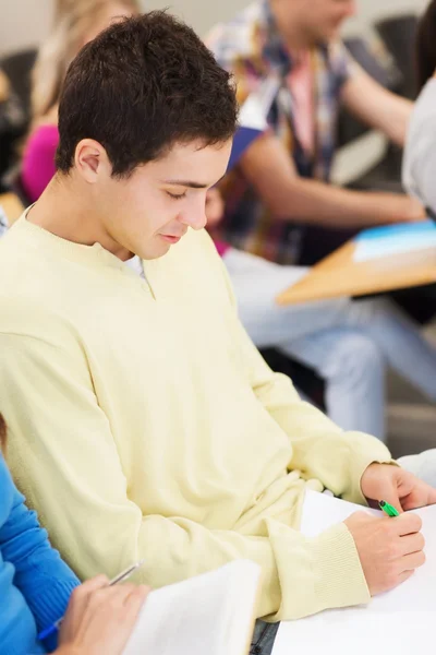 Skupina studentů usmívající se s notebookem — Stock fotografie