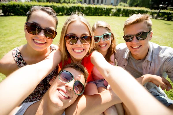 Grup gülümseyen arkadaşıyla parkta selfie yapma — Stok fotoğraf