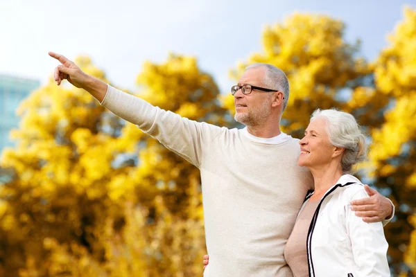 Senior koppel knuffelen in park — Stockfoto