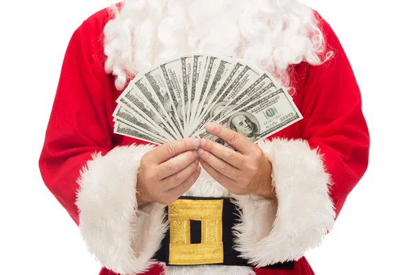 Primer plano de santa claus con dinero en dólares — Foto de Stock