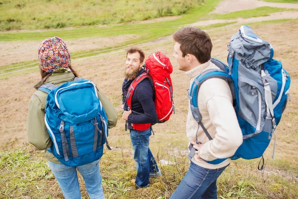 Group of smiling friends with backpacks hiking — Stock Photo, Image