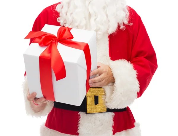 Man in costume of santa claus with gift box — Stock Photo, Image