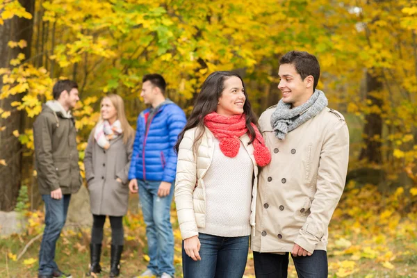 Grupo de homens e mulheres sorridentes no parque de outono — Fotografia de Stock