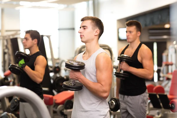 Gruppo di uomini con manubri in palestra — Foto Stock