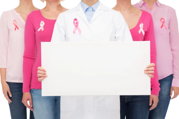 Close up of women with cancer awareness ribbons — Stock Photo, Image