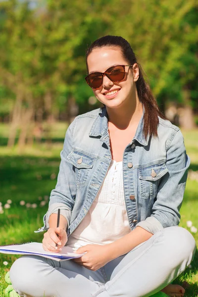 Sorridente ragazza con taccuino che scrive nel parco — Foto Stock