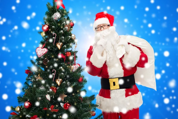 Santa claus with bag and christmas tree — Stock Photo, Image