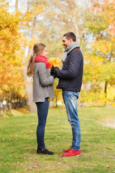 Coppia sorridente con mazzo di foglie nel parco autunnale — Foto Stock