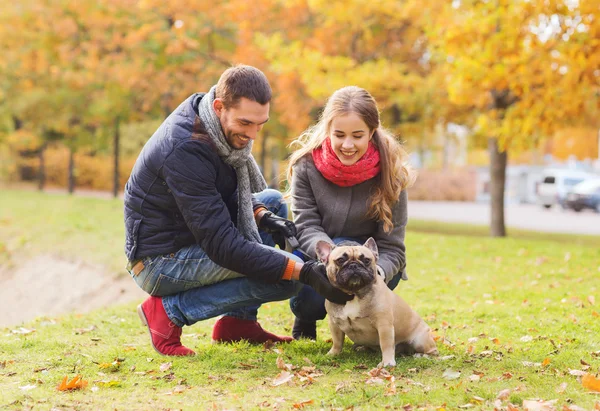 Coppia sorridente con cane nel parco autunnale — Foto Stock