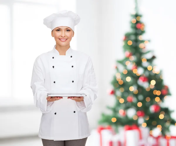 Smiling female chef with tablet pc computer — Stock Photo, Image