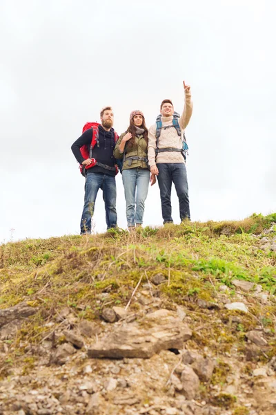 Hiking sırt çantaları ile gülümseyen arkadaş grubu — Stok fotoğraf