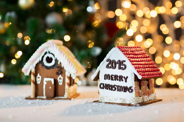 Closeup of beautiful gingerbread houses at home — Stock Photo, Image