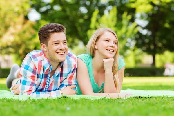 Coppia sorridente sdraiata su una coperta nel parco — Foto Stock