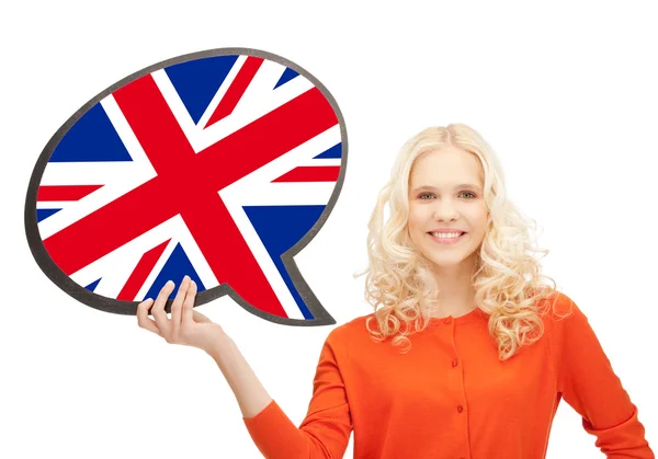 Mulher sorridente com bolha de texto de bandeira britânica — Fotografia de Stock
