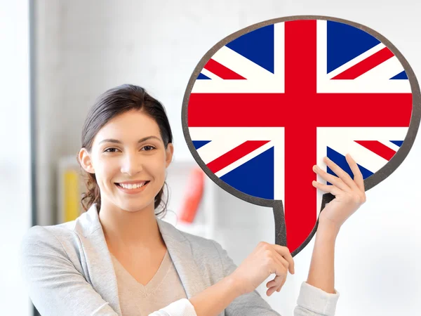 Mujer sonriente con burbuja de texto de bandera británica —  Fotos de Stock