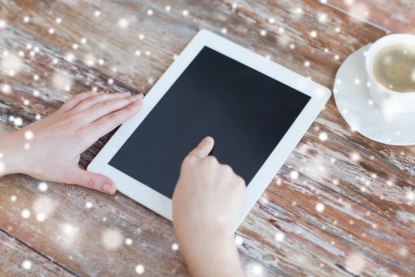 Hands pointing finger to blank tablet pc screen — Stock Photo, Image