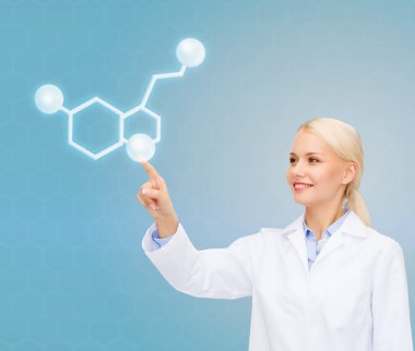 smiling female doctor pointing to molecule clipart