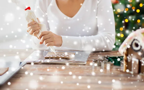 Close up of woman making gingerbread houses — Stock Photo, Image