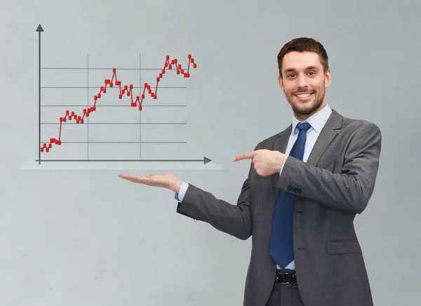 Hombre feliz mostrando gráfico de divisas en la palma de su mano —  Fotos de Stock