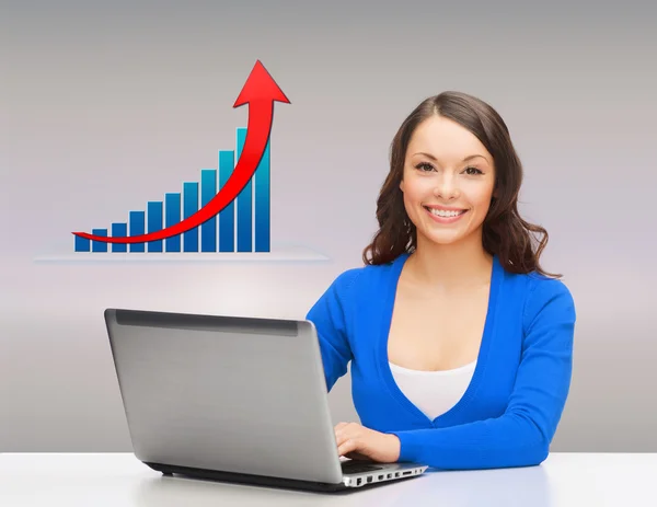 Smiling woman with laptop and growth chart Stock Picture