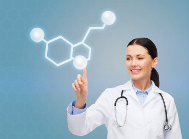 smiling female doctor pointing to molecule clipart