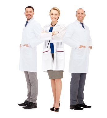 group of smiling doctors in white coats clipart