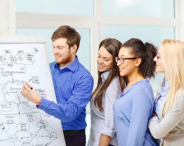 Sorrindo equipe de negócios discutindo plano no escritório — Fotografia de Stock