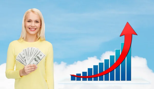 Smiling woman with growth chart and dollar money — Stock Photo, Image