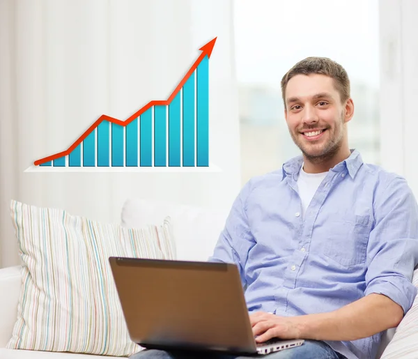 Lächelnder Mann mit Laptop und Wachstumshoroskop zu Hause — Stockfoto