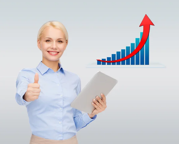 Mujer de negocios sonriente con la tableta PC y pulgares hacia arriba —  Fotos de Stock