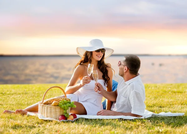 Glückliches Paar trinkt Champagner beim Picknick — Stockfoto