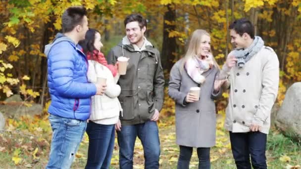 Grup gülümseyen kadın ve erkek sonbahar park — Stok video