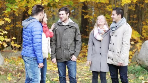 Gruppo di uomini e donne sorridenti nel parco autunnale — Video Stock