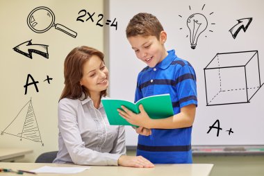 school boy with notebook and teacher in classroom clipart