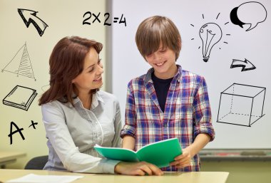 school boy with notebook and teacher in classroom clipart