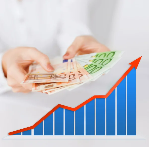 Close up of woman hands with chart and money — Stock Photo, Image