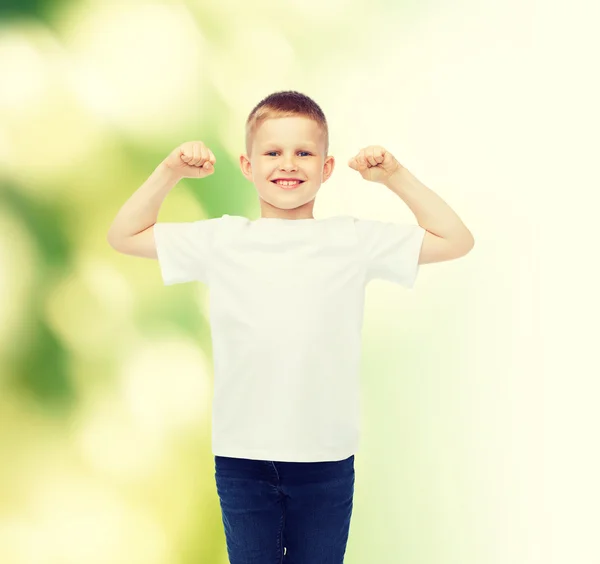 Little boy in white t-shirt with raised hands — Stock Photo, Image