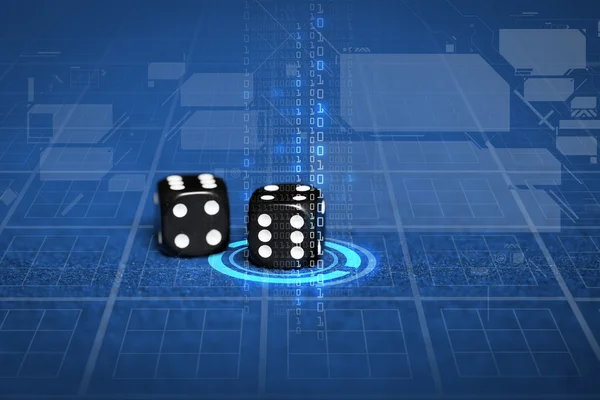 Close up van zwarte dobbelstenen op blauwe casino van de tafel — Stockfoto