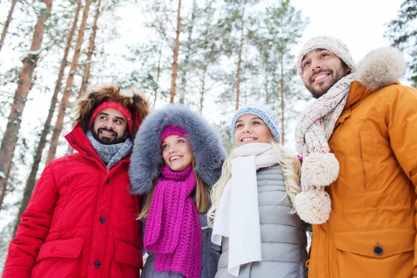 Groupe d'hommes et de femmes souriants dans la forêt d'hiver — Photo